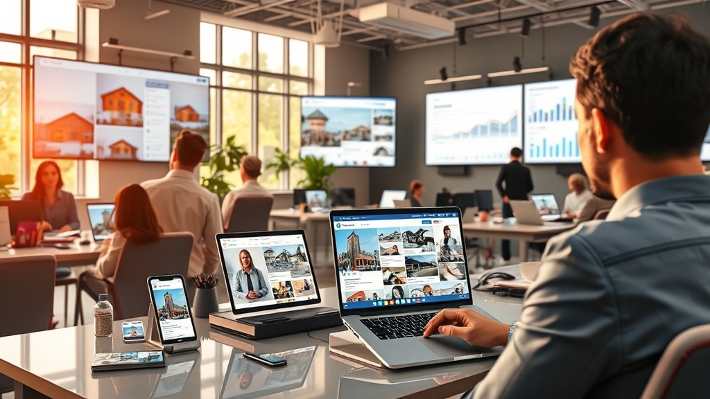 Create an ultra-realistic image depicting a modern real estate agent`s office space, bustling with activity. In the foreground, focus on a professional real estate agent engaged in a video call on a sleek laptop displaying Instagram and Facebook interfaces. The room is filled with digital equipment like smartphones and tablets showcasing various property listings with vibrant images. Walls are adorned with large screens displaying social media analytics, showcasing graphs and charts highlighting engagement and reach statistics. The atmosphere is dynamic, reflecting the power of social media in driving real estate marketing success. Natural light streams through large windows, adding warmth and authenticity to the scene.