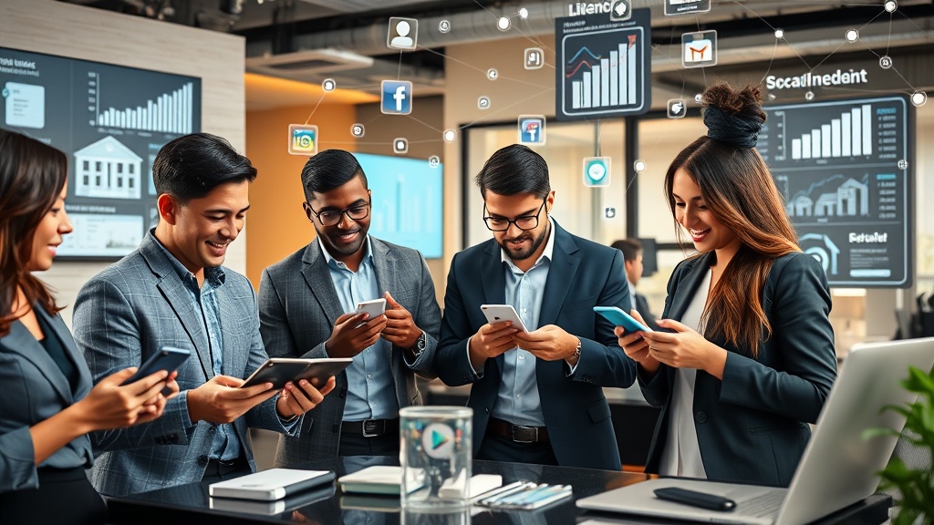 Create an ultra-realistic image featuring a diverse group of real estate professionals engaging with social media on various devices, such as smartphones, tablets, and laptops. They are in a modern office setting, surrounded by branding materials like logos, business cards, and digital screens showcasing property listings and social media analytics. The environment is dynamic, with elements that symbolize connectivity and growth, such as graphs, social media icons, and network connections. The professionals are interacting enthusiastically, collaborating and strategizing to build a strong brand presence. Incorporate natural lighting that highlights a vibrant, energetic atmosphere, reflecting innovation and professionalism in the real estate industry. The scene should convey a sense of teamwork, creativity, and the power of digital tools in enhancing brand visibility and engagement on social media platforms.