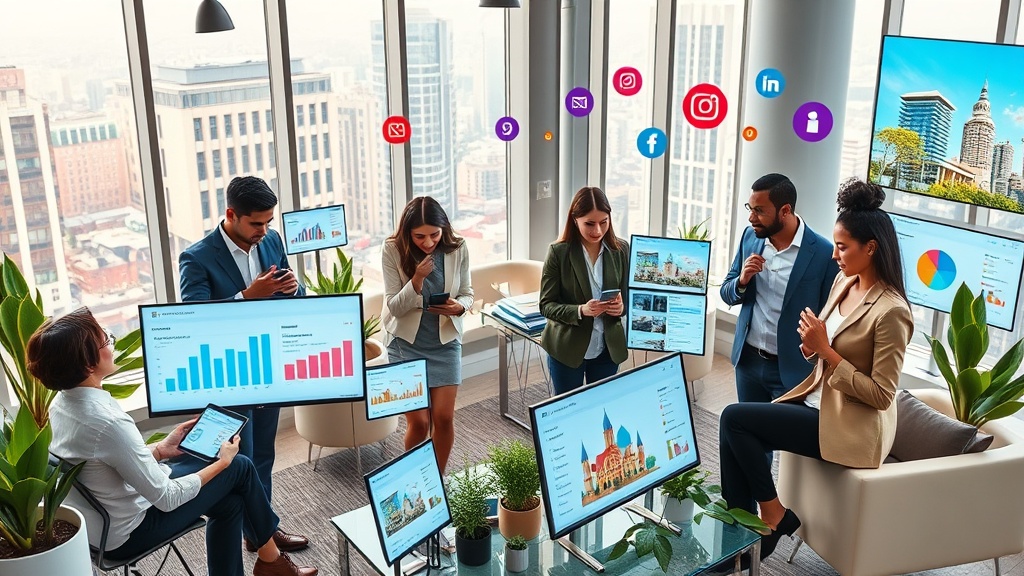 Create an ultra-realistic image of a diverse group of real estate agents enthusiastically engaging with various social media platforms on multiple devices. The scene is set in a modern, open-concept office with large windows offering a view of a bustling cityscape. Agents are seen actively posting and analyzing data on screens displaying social media feeds, property listings, and engagement metrics. The room is filled with digital screens and interactive displays showing bar graphs, pie charts, and colorful icons symbolizing various social media apps like Facebook, Instagram, LinkedIn, and Twitter. The atmosphere is vibrant and collaborative, highlighting the seamless integration of technology and real estate marketing strategies. The agents are dressed in professional attire, with expressions of focus and excitement as they share ideas and strategies, surrounded by sleek furniture, plants, and motivational decor emphasizing innovation and connectivity.