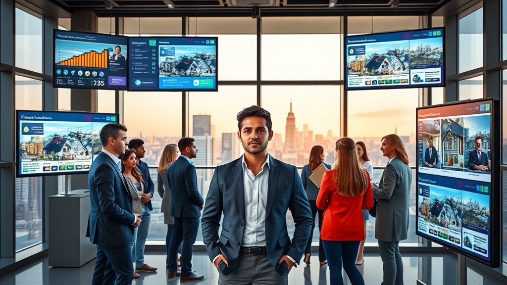 Create an ultra-realistic image featuring a modern real estate agent in a sleek, contemporary office, surrounded by high-tech digital screens displaying vivid social media metrics, property listings, and virtual tours. The agent, dressed in professional attire, confidently interacts with a diverse group of clients, showcasing the dynamic and engaging nature of real estate social media services. The background reveals a city skyline through large windows, symbolizing the expansive reach and influence of these services. Emphasize a blend of technology and human interaction, capturing the essence of maximizing online presence in the real estate industry.