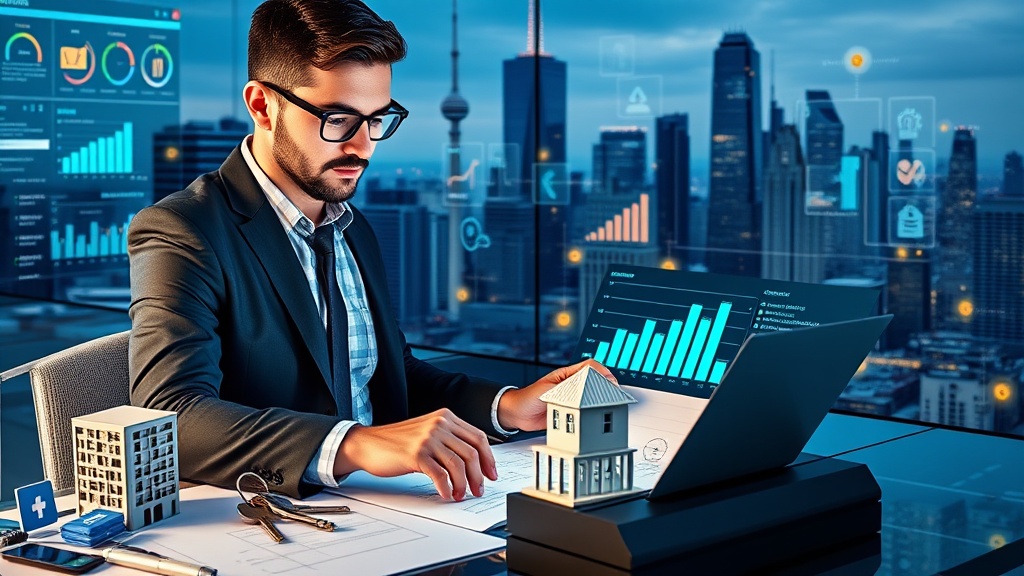Create an ultra-realistic image that showcases a modern, dynamic digital workspace filled with high-tech gadgets and vibrant social media icons, symbolizing success in the digital realm. In the foreground, place a confident real estate professional, dressed in smart-casual attire, analyzing a digital dashboard filled with graphs and analytics. Surround them with visual elements of real estate, such as architectural blueprints, a miniature model of a contemporary building, and a set of keys. The background should depict a bustling city skyline, with skyscrapers representing growth and opportunity. Incorporate subtle elements of connectivity, like flowing data streams, to signify the tailored marketing strategies. Use lighting to highlight the central figure, creating a focus on the professional and their engagement with the tools of success.