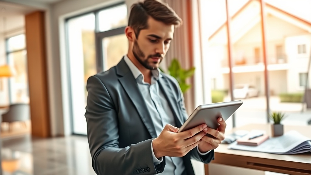 Create an ultra-realistic image depicting a sleek, modern real estate office. In the foreground, show a professional real estate agent using a tablet, with the Instagram app open on the screen. The agent appears focused and strategic, analyzing data and engaging with potential clients online. In the background, depict a vibrant, stylish home interior with large windows, emphasizing natural light and a welcoming atmosphere, suggesting the type of property being marketed. Include subtle details like house floor plans or marketing materials on the agent`s desk to convey a sense of active, innovative selling strategies. Ensure the image conveys a blend of technology and human touch in real estate marketing.