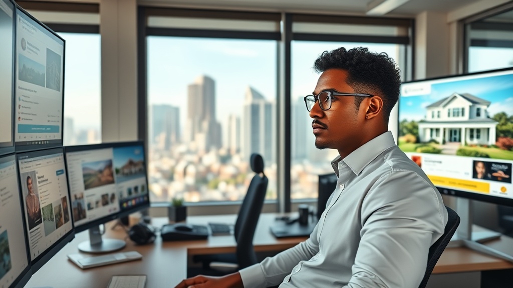 Create an ultra-realistic image of a busy real estate agent in an office, surrounded by multiple computer screens displaying various social media platforms. The screens should show poorly performing posts with low engagement metrics, such as low likes and comments. Contrast this with a large, vivid, high-quality visual of a stunning property displayed prominently on one screen, capturing the agent`s attention with noticeably higher engagement stats. The room should have modern decor, with subtle branding elements related to real estate. The agent, a diverse and professional individual, appears thoughtful and contemplative, highlighting the contrast between low-quality visuals and the impact of high-quality imagery. Use natural lighting to enhance the realism of the scene, with a cityscape visible through a large window in the background.