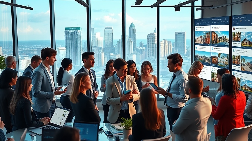 Create an ultra-realistic image of a bustling real estate office filled with agents and clients engaged in discussions, surrounded by digital screens displaying social media analytics and real estate listings. The scene should capture the energy and professionalism of a thriving real estate business intertwined with advanced social media marketing. Include a diverse group of people collaborating, with one agent showing a client a digital tablet with marketing metrics. Add elements like modern technology, such as laptops and smartphones, showcasing social media platforms. The background should feature sleek office design with large windows offering a cityscape view, symbolizing growth and opportunity in the real estate market.