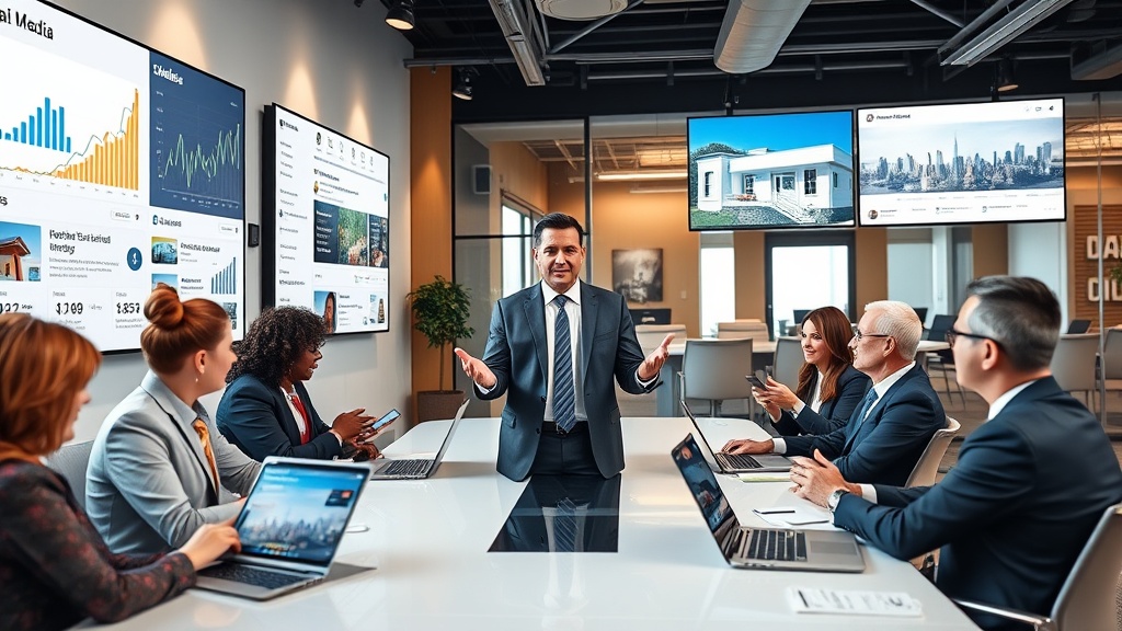 Create an ultra-realistic image of a modern real estate office interior, where a group of diverse real estate agents is actively engaging with social media on various devices. Display large digital screens showcasing analytics and social media feeds on the walls. Highlight one agent, a confident middle-aged man in a sharp suit, enthusiastically presenting a social media strategy to his colleagues gathered around a sleek conference table. Include laptops, tablets, and smartphones showing dynamic real estate listings, vibrant community events, and engaging client testimonials. Emphasize a professional, collaborative atmosphere, with bright lighting and tasteful decor, symbolizing the impact of successful social media strategies in the real estate industry.