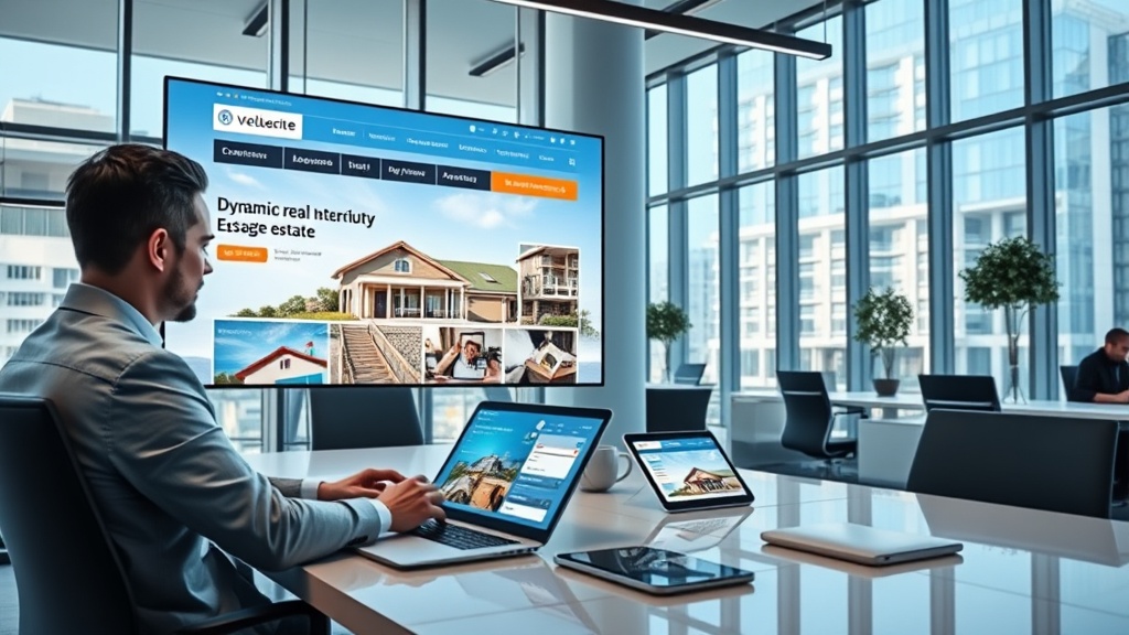 Create an ultra-realistic image of a modern real estate office with sleek, contemporary interiors. Show a large digital screen displaying a dynamic real estate website with high-definition property images and interactive features. Include a professional real estate agent working on a laptop, surrounded by technology such as tablets and smartphones displaying social media apps and analytics tools. The atmosphere should be vibrant and innovative, with subtle branding elements like a logo or tagline visible in the background. Incorporate natural light streaming through large windows, highlighting the cutting-edge technology and modern design, conveying a sense of digital transformation in the real estate industry.