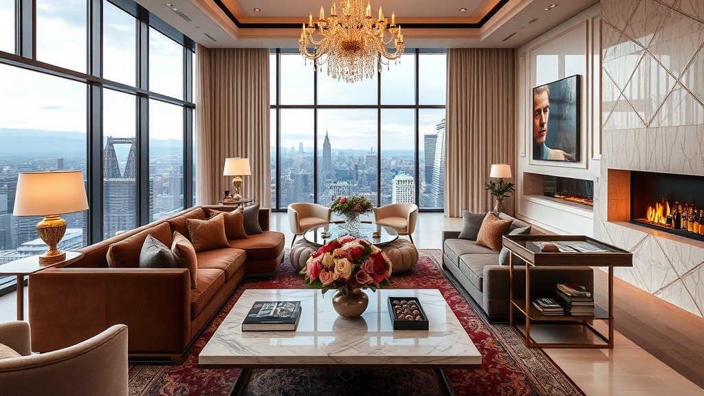 Create an ultra-realistic image of a luxurious, high-end living room that embodies elegance and sophistication. The room should feature a grand chandelier hanging from a high ceiling, casting a warm glow over the space. Include a plush, velvet sofa adorned with decorative cushions in rich hues, set against a backdrop of floor-to-ceiling windows with a view of a stunning cityscape. Incorporate a marble coffee table with an exquisite floral arrangement and a tray of artisanal chocolates. The walls should be adorned with tasteful, contemporary artwork and a sleek, built-in fireplace that adds warmth and ambiance. A well-stocked, stylish bar cart should be visible in the corner, complete with crystal glassware and premium bottles. Include subtle touches like a luxurious rug, designer books, and a sense of harmony that makes the space inviting yet opulent.