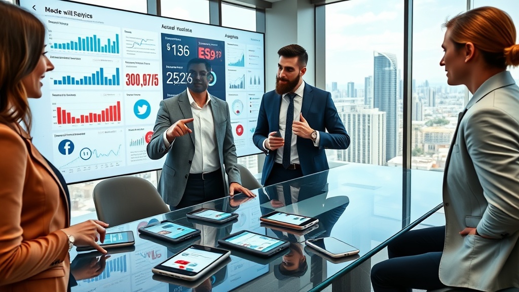 Create an ultra-realistic image of a diverse team of real estate professionals in a modern office setting. The scene includes a large digital screen displaying various social media analytics, graphs, and charts. On a sleek glass table, there are smartphones and tablets showing social media apps with notifications of likes, shares, and comments. A male and female real estate agent, dressed in professional attire, are engaged in a discussion, pointing at the screen with confident expressions. In the background, a cityscape can be seen through large windows, suggesting a bustling urban environment. The lighting is bright and contemporary, highlighting the innovative atmosphere.