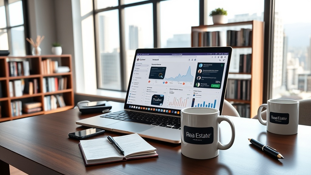 Create an ultra-realistic image of a modern real estate agent`s workspace. The setting is a stylish home office with a large window offering a view of a cityscape. On the desk, there`s a sleek laptop displaying a social media interface with charts and graphs, alongside a smartphone with notifications. To the side, a branded coffee mug sits next to a notepad filled with notes and a pen. In the background, a bookshelf holds various real estate and marketing books. The overall environment is bright and inviting, with natural light streaming in, symbolizing success and innovation in real estate through social media strategies.