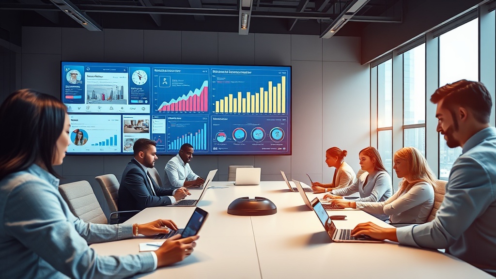 Create an ultra-realistic image of a modern real estate office with agents actively engaging with social media on various devices. The office should be sleek and well-designed, featuring a wall-mounted digital screen displaying social media analytics, graphs, and charts. Showcase diverse real estate agents, both men and women, of different ethnicities, collaborating and discussing strategies. Include elements like a large conference table, laptops, smartphones, and tablets displaying vibrant social media platforms such as Instagram, Facebook, and LinkedIn. Capture a sense of energy and focus, emphasizing the integration of technology in driving business growth. The image should convey a professional yet dynamic atmosphere, highlighting the importance of social media marketing in the real estate industry.
