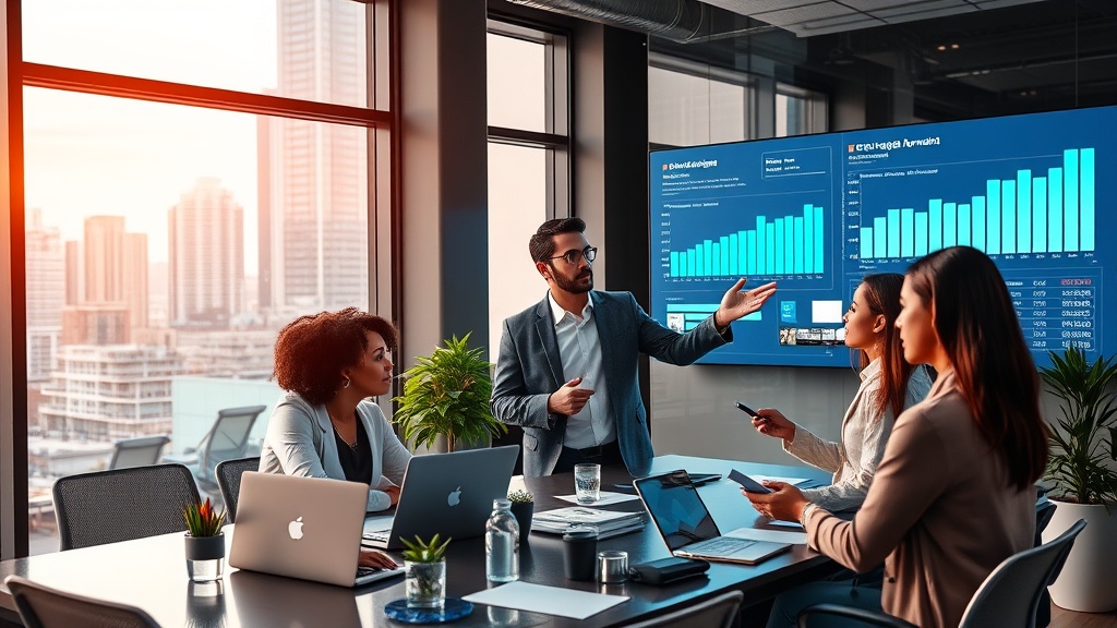 Create an ultra-realistic image depicting a diverse team of professional marketers collaborating in a modern office setting. The scene is vibrant and dynamic, with large digital screens displaying real-time analytics and social media metrics related to real estate marketing. Include elements such as a cityscape view through the office windows, suggesting a bustling urban environment. Show an array of tech devices like laptops, tablets, and smartphones, all actively in use, emphasizing connectivity and digital communication. Highlight a central figure, a confident real estate agent, engaged in a discussion with the marketing team, pointing at a graph on one of the screens that shows a significant upward trend in engagement statistics. The atmosphere should convey innovation, success, and the transformative power of targeted social media strategies in boosting real estate business growth.