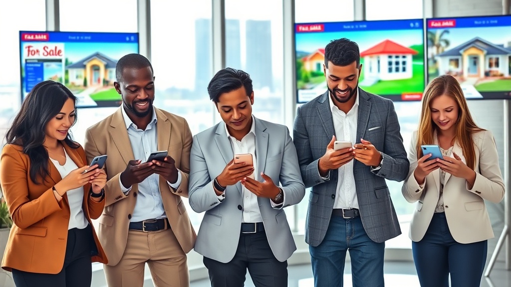 Create an ultra-realistic image featuring a diverse group of real estate agents actively engaging with social media. They are standing in a modern office space with large windows and visible cityscape. Each agent is using different devices: a smartphone, tablet, and laptop, displaying various social media platforms like Instagram, Facebook, and Twitter on their screens. The backdrop includes vibrant, eye-catching real estate listings on digital screens, showcasing properties with `For Sale` signs. The atmosphere conveys a sense of innovation, connectivity, and success in leveraging social media for real estate.