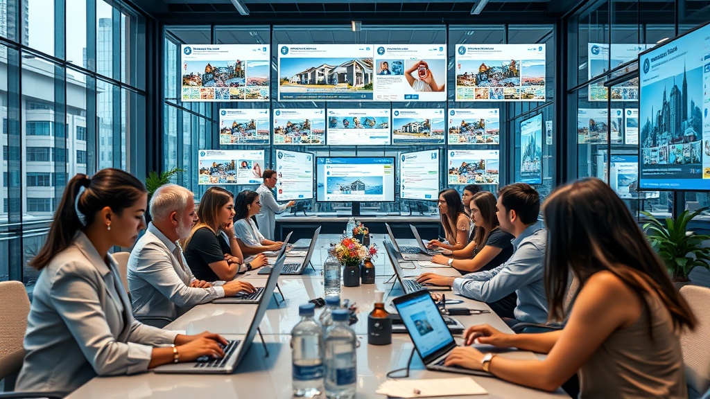 Create an ultra-realistic image depicting a bustling real estate office with agents actively engaging in social media marketing. The scene should capture agents with laptops and smartphones, showcasing a dynamic digital environment. Include screens displaying various social media platforms like Facebook, Instagram, and LinkedIn, featuring property listings, client testimonials, and engagement metrics. The office should have a modern design with glass windows, sleek furniture, and digital screens. Incorporate diverse real estate agents collaborating and interacting, reflecting a multicultural and professional team. The atmosphere should exude energy, innovation, and the transformative power of expert social media marketing in real estate success.
