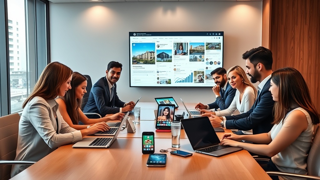 Create an ultra-realistic image featuring a sleek, modern office setting with a team of professionals collaborating around a table. The table is adorned with laptops, tablets, and smartphones displaying various social media platforms. In the background, a large screen displays analytical data and property listings. The atmosphere is vibrant and dynamic, showcasing a blend of cutting-edge technology and real estate expertise. The professionals, dressed in smart-casual attire, are diverse in age, gender, and ethnicity, reflecting inclusivity and teamwork. The setting conveys a sense of innovation and success in real estate marketing.