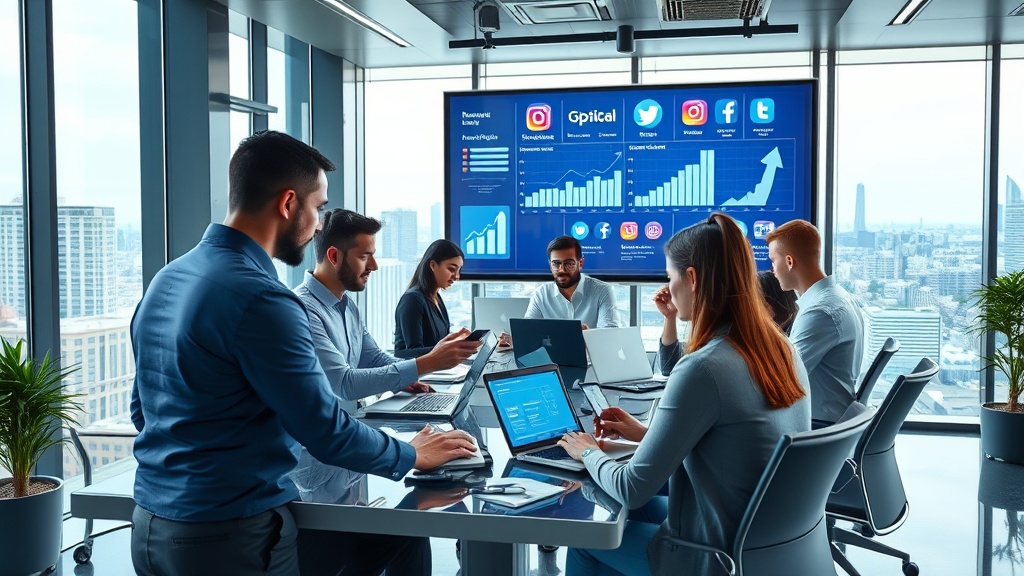 Create an ultra-realistic image depicting a dynamic and modern real estate office environment. The scene should include agents engaging with social media platforms on various devices like laptops, tablets, and smartphones. A digital screen in the background should display analytics and social media icons such as Facebook, Instagram, LinkedIn, and Twitter. The office should have a sleek, contemporary design with large windows offering a view of a bustling cityscape, symbolizing connectivity and growth. Include diverse professionals actively collaborating, brainstorming, and innovating, reflecting a vibrant and successful real estate brand leveraging social media effectively.