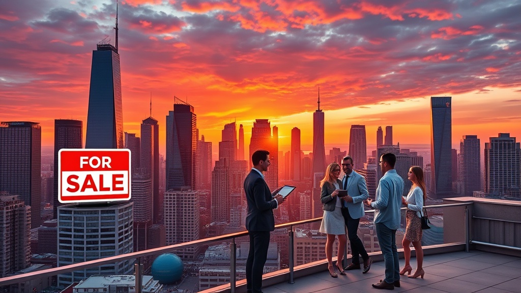 Create an ultra-realistic image of a dynamic urban skyline at sunset, featuring a bustling real estate market. Capture a blend of modern skyscrapers with large `For Sale` signs prominently displayed on a few buildings, suggesting high demand. Include diverse real estate agents interacting with enthusiastic clients on a rooftop with a panoramic view, holding tablets and paperwork, symbolizing successful transactions. The scene should convey energy, growth, and opportunity in the real estate industry, with vibrant colors reflecting a thriving market atmosphere.