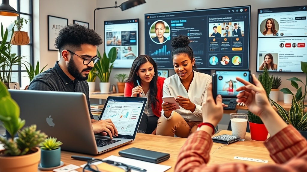 Create an ultra-realistic image that captures a vibrant scene of a modern digital workspace. In the foreground, a diverse group of young professionals is actively engaged in crafting social media content. One individual is typing energetically on a laptop, the screen displaying an open social media management tool. Another is sketching ideas on a tablet, while a third person is capturing a photo of a beautifully staged product with a smartphone. The workspace is filled with trendy decor, plants, and various tech gadgets. In the background, a large monitor displays analytics and trending topics on social media. The scene conveys creativity, collaboration, and the dynamic nature of social media marketing, with an emphasis on transforming online listings into captivating and engaging content.