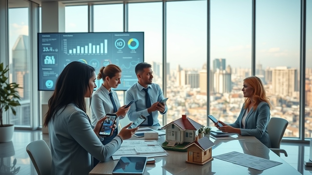 Create an ultra-realistic image depicting a dynamic, modern office setting where real estate agents are actively engaging with social media platforms. In the foreground, have a diverse group of professionals discussing strategies, each with a tablet or smartphone displaying different social media apps like Facebook, Instagram, LinkedIn, and TikTok. Include visible elements of real estate like blueprints, property brochures, and a model house on the table. In the background, incorporate a large digital screen showcasing analytics and metrics related to social media performance. The room should be well-lit with large windows, offering a view of a bustling city skyline, symbolizing the expansive reach of digital marketing in real estate.