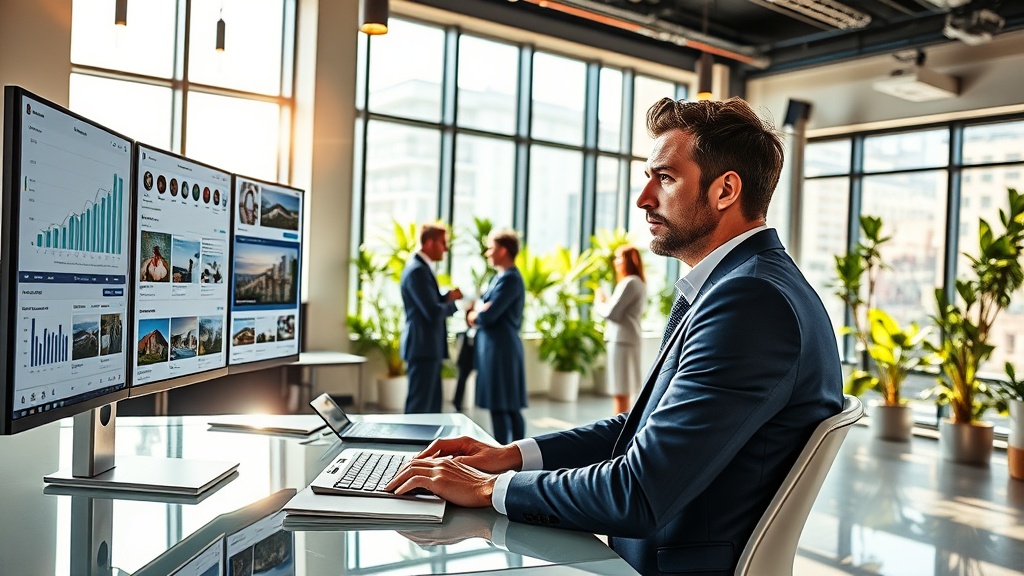Create an ultra-realistic image of a modern real estate office, bustling with activity. In the foreground, a confident real estate agent sits at a sleek desk, intensely focused on multiple digital screens displaying various social media platforms. The screens show graphs, real-time analytics, and engaging posts about properties. In the background, a diverse team collaborates, discussing strategies with enthusiasm. Sunlight streams through large windows, illuminating vibrant indoor plants and stylish decor, symbolizing a successful and innovative work environment. The overall atmosphere should convey a sense of cutting-edge technology and expertise in social media marketing, driving transformation in the real estate business.