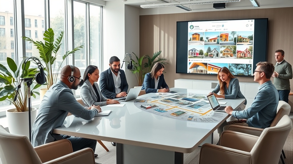 Create an image depicting a modern, sophisticated real estate office setting. In the foreground, show a diverse group of real estate agents collaborating around a large, sleek table. Each agent is engaged in a different activity that represents innovative content ideas: one is recording a podcast episode with professional audio equipment, another is sketching a layout for a virtual reality home tour using a tablet, while another is writing a blog post on a laptop. In the background, display a large digital screen showcasing a social media feed filled with vibrant property photos and interactive polls. The room is filled with natural light, sleek furniture, and green plants, creating an inviting and dynamic atmosphere.