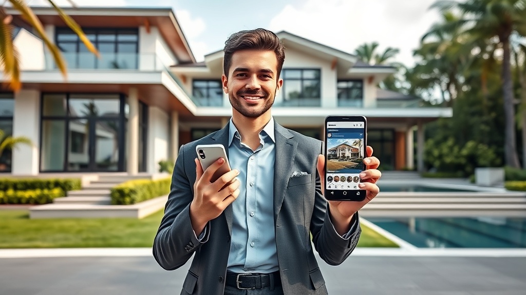 Create an ultra-realistic image depicting a dynamic scene of a young real estate agent standing confidently in front of a luxurious, modern house with a smartphone in hand, showcasing an engaging Instagram post on the screen. The agent is dressed in professional attire, exuding a sense of success and approachability. The background should feature the house`s stunning architecture and lush green surroundings, highlighting its appeal. Additionally, incorporate subtle visual elements representing Instagram, such as the app`s logo or interface elements, to emphasize the theme of leveraging social media for real estate. The lighting should be natural, capturing a vibrant and inviting atmosphere, perfect for attracting potential buyers through digital platforms.
