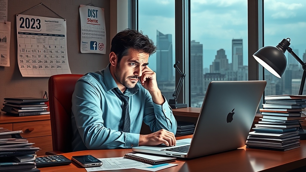 Create an ultra-realistic image depicting a frustrated real estate agent sitting at their desk cluttered with social media icons, looking stressed at a laptop screen. The background shows a wall calendar marked with the year 2023 and a window with a cityscape view. Include subtle elements such as a smartphone with social media notifications and a stack of unsold property listings. The agent`s expression should convey a sense of urgency and confusion, highlighting their struggle with digital marketing.