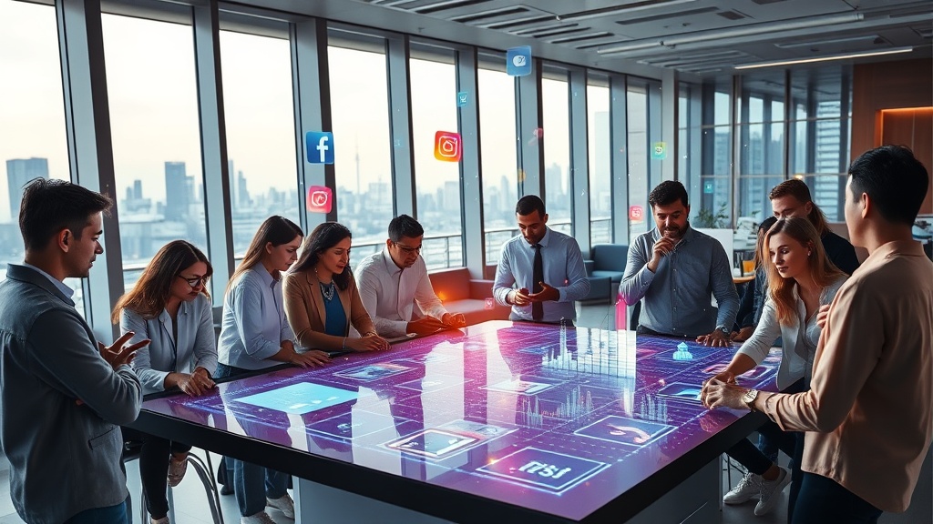 Create an ultra-realistic image of a bustling digital marketing hub. In the foreground, depict a diverse group of professionals collaborating over a large touch-screen table displaying vibrant social media analytics. Surround them with holographic projections of trending hashtags, social media icons like Facebook, Instagram, Twitter, and TikTok, and upward-trending sales graphs. In the background, include a sleek, modern office setting with large windows revealing a city skyline. Ensure the atmosphere conveys innovation, energy, and the power of social media to boost sales, with a subtle sprinkle of magic through twinkling digital effects.