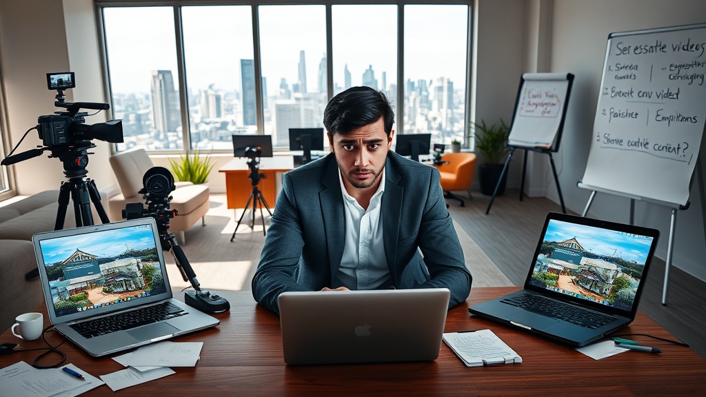 A frustrated real estate agent sitting at a desk, surrounded by video equipment and open laptops displaying unimpressive real estate videos. The agent`s expression shows disappointment and confusion. In the background, a large city skyline is visible through a window, indicating an urban setting. The room is filled with modern office furniture, scattered papers, and a whiteboard displaying strategies for engaging content. Natural light streams in, highlighting the agent`s contemplative pose, as they ponder the disconnect between their video efforts and audience engagement.