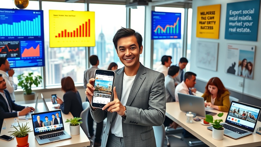 A bustling real estate office with diverse agents engaged in dynamic discussions, surrounded by digital screens displaying vibrant social media analytics, charts, and graphs. In the foreground, a confident agent with a smartphone in hand, showcasing a well-staged property listing on a popular social media platform. The background features a large window with a panoramic cityscape view, hinting at a thriving urban market. Laptops on desks show live video calls with clients, illustrating virtual property tours. Bright, modern decor emphasizes a tech-savvy environment, with plants and motivational posters about real estate success. The scene reflects energy, innovation, and connectivity, capturing the essence of expert social media marketing in real estate.