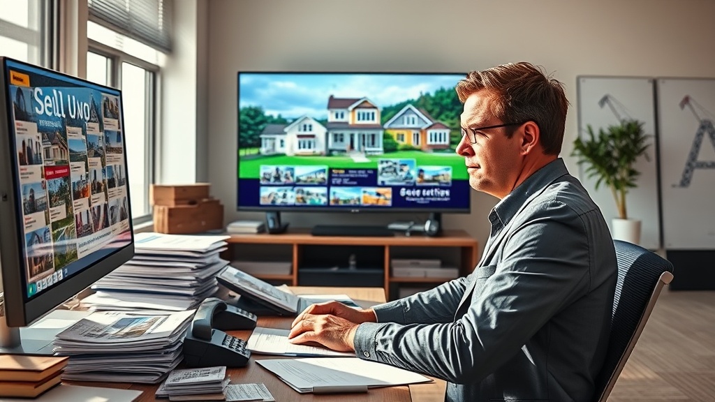 Create an ultra-realistic image of a modern real estate office. In the foreground, display a frustrated real estate agent looking at a computer screen filled with unsold property listings. Surround the agent with stacks of paper listings, a phone slightly off the hook, and a cluttered desk suggesting a struggle to sell. In the background, illustrate a large TV screen showing a dynamic real estate video presentation with vibrant visuals of homes, engaging graphics, and excited potential buyers. Capture the contrast between traditional methods and the engaging power of video marketing, highlighting the transformative impact on real estate sales. Ensure the scene is well-lit with natural lighting streaming through a window, casting realistic shadows and giving a sense of a bustling, yet challenging work environment.