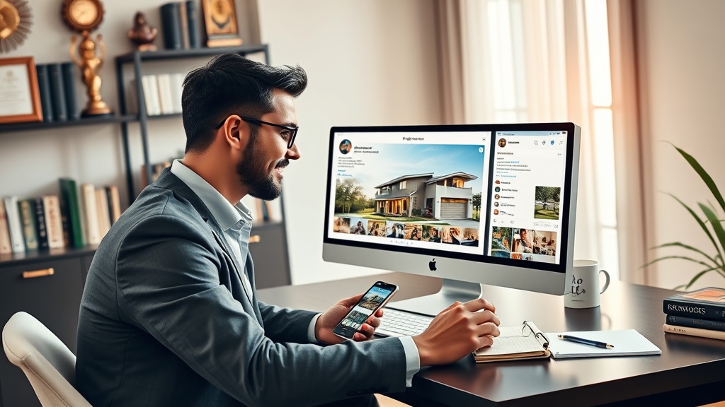 Create an ultra-realistic image of a modern real estate agent actively engaging with potential homebuyers through Instagram. The scene should depict the agent in a well-lit, stylish home office, showcasing a high-end computer screen displaying an Instagram profile filled with beautiful home listings. The background should feature a shelf with real estate books and awards, emphasizing the agent`s expertise. On the desk, include a smartphone showing notifications of likes and comments, a cup of coffee, and a notepad with scribbled ideas for social media posts. The agent should appear focused and confident, dressed in professional attire, looking at the computer screen with a slight smile, symbolizing optimism and engagement. The image should convey a sense of modernity, digital proficiency, and successful real estate marketing.