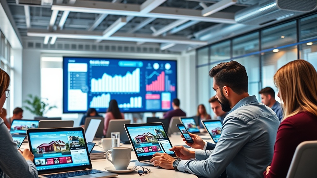 Create an ultra-realistic image of a bustling real estate office with agents actively engaging with clients through social media platforms. The scene includes laptops and smartphones displaying vibrant property listings, with social media icons visible on screens. A large digital screen in the background showcases dynamic analytics and graphs, symbolizing the impact of social media marketing. The atmosphere is energetic and modern, emphasizing innovation in real estate marketing.