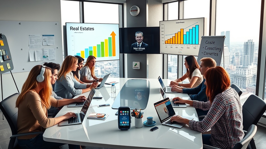 Create an ultra-realistic image capturing a dynamic and modern office setting where a team of marketing professionals is actively planning a social media campaign for a real estate business. In the foreground, a diverse group of energetic marketers is gathered around a sleek conference table, covered with laptops, smartphones, and tablets displaying various social media platforms like Facebook, Instagram, and LinkedIn. On the wall-mounted digital screen in the background, vibrant bar graphs and analytics are displayed, showcasing growth in engagement and follower numbers. The room is bathed in natural light from large windows, offering a view of a bustling cityscape, symbolizing urban real estate. The atmosphere is one of creativity and collaboration, with sticky notes and marketing strategies visible on a whiteboard. The image conveys a sense of innovation, success, and the transformative power of social media marketing for the real estate industry.