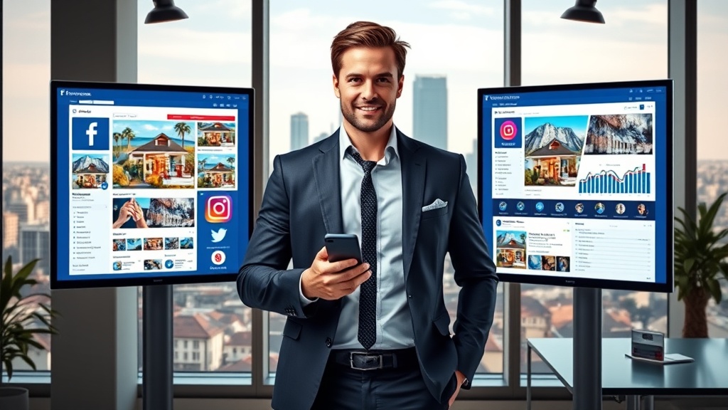 Create an ultra-realistic image of a confident real estate agent standing in a modern office, surrounded by digital screens showcasing various social media platforms like Facebook, Instagram, and Twitter. The screens display vibrant, engaging real estate listings and analytics graphs. The agent holds a smartphone, actively engaging with the platforms. The background features a city skyline through large windows, symbolizing opportunities and growth. The image should convey a sense of professionalism, innovation, and the dynamic nature of social media in real estate.