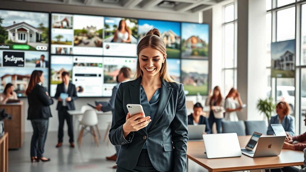 A bustling modern real estate office with a sleek, open-plan design. In the foreground, a confident realtor, dressed in smart business attire, is actively engaging with a large, high-resolution digital screen displaying various social media platforms and real estate listings. Her expression is focused yet enthusiastic as she uses a smartphone to interact with an online audience. Around her, colleagues are seen collaborating, some discussing property images displayed on tablets, while others analyze market trends on laptops. The backdrop is filled with images of upscale properties and houses, interspersed with social media icons like Instagram, Facebook, and Twitter. The scene should capture the dynamic intersection of social media and real estate, showcasing how digital tools are transforming traditional real estate strategies. Natural light floods the room through large windows, highlighting the vibrant and tech-savvy atmosphere.