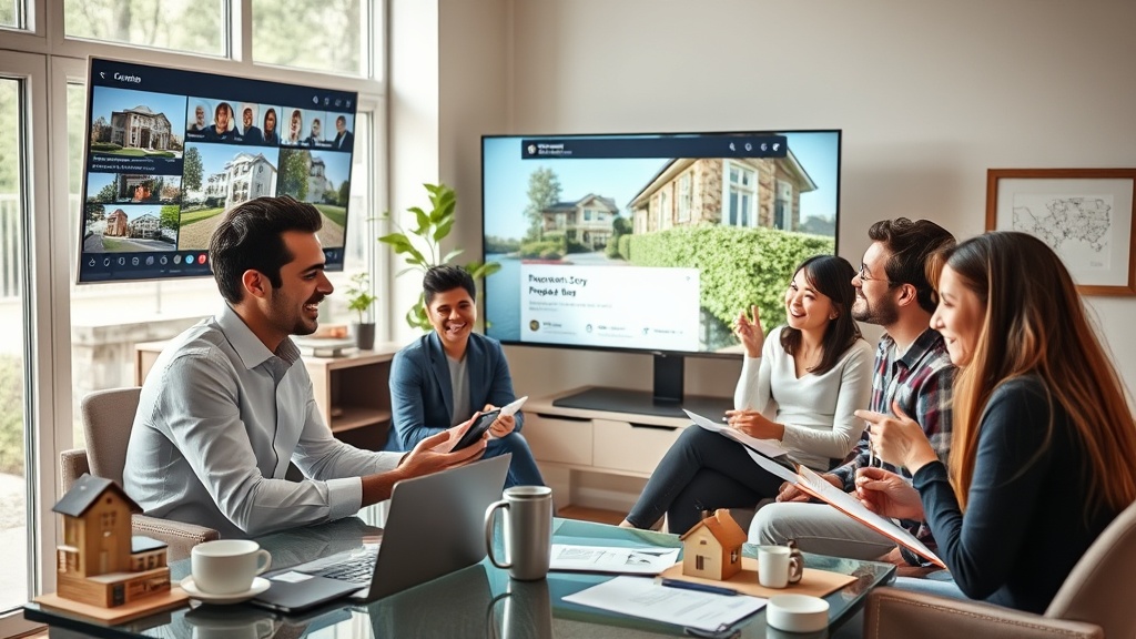 Create an ultra-realistic image depicting a real estate agent engaging with clients through storytelling on social media. The scene is a cozy, modern office setting with the agent sitting at a sleek desk, surrounded by digital tools like a laptop and smartphone displaying social media platforms. The agent is mid-conversation, animatedly explaining a property story to a diverse group of clients, both in-person and virtually via a video call on a large screen. The clients are engaged, smiling, and taking notes, showcasing various emotions as they connect with the narrative. The background features tasteful real estate decor, with mini architectural models and house plans, emphasizing the theme. Natural light filters through large windows, creating a warm and inviting atmosphere, highlighting the importance of connection and storytelling in real estate.