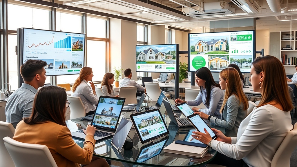 Create an ultra-realistic image of a bustling real estate office with agents actively engaging on multiple digital devices. Showcase a diverse group of professionals analyzing social media analytics on large screens, while others use tablets to connect with clients. Include visual elements such as property listings being shared on social media platforms, highlighting vibrant, inviting homes. Capture the essence of modern technology seamlessly integrating with the real estate industry. Emphasize a dynamic, collaborative environment where innovation meets traditional practices, symbolizing the transformative power of expert social media marketing in real estate.