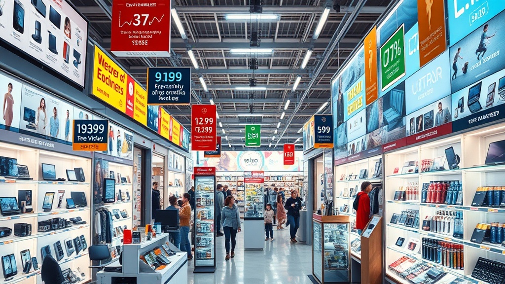 Create an ultra-realistic image of a vibrant digital marketplace with an array of eye-catching product listings. The scene should be bustling with activity, showcasing a diverse range of items from electronics to fashion. Include elements like dynamic graphs and charts symbolizing growth and engagement, and animated notifications indicating sales and promotions. The atmosphere should convey a sense of innovation and success, with bright lighting and a modern design. Highlight the transformation from ordinary to extraordinary, emphasizing the impact of supercharged listings on business performance.