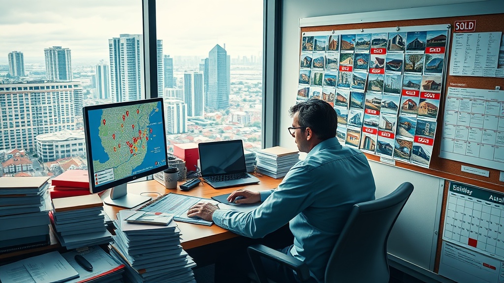 Create an ultra-realistic image depicting a bustling real estate office with a concerned real estate agent sitting at a cluttered desk, surrounded by stacks of property listings. The agent is focused on a computer screen displaying a colorful map with various property icons, some highlighted and others faded. In the background, a large bulletin board is filled with photos of properties, some with vibrant SOLD stickers. The room is well-lit, with a large window showing a cityscape of modern high-rise buildings and suburban houses. Include subtle details like a smartphone with notification alerts, a coffee cup with a real estate logo, and a calendar marked with open house dates. The overall atmosphere should convey urgency, determination, and the bustling nature of the real estate industry.