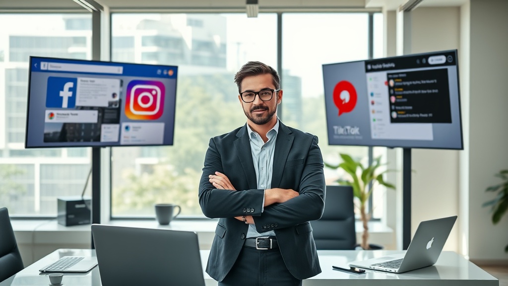 Create an ultra-realistic image depicting a confident real estate agent in a modern office setting, surrounded by multiple digital screens displaying popular social media platforms. Each screen shows a different platform interface, such as Facebook, Instagram, LinkedIn, Twitter, and TikTok, highlighting their logos and unique features. The agent is actively engaging with these platforms, showcasing tools like analytics, scheduling, and messaging. The office is sleek and contemporary, with elements like a laptop, smartphone, and tablet on the desk, hinting at a tech-savvy professional environment. Natural light streams through a large window, illuminating the scene, and adding a sense of dynamism and connectivity.